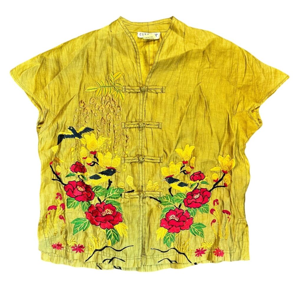 Citron | Vintage Asian Inspired Embroidered Floral Bird Frog Closure Boho Top M